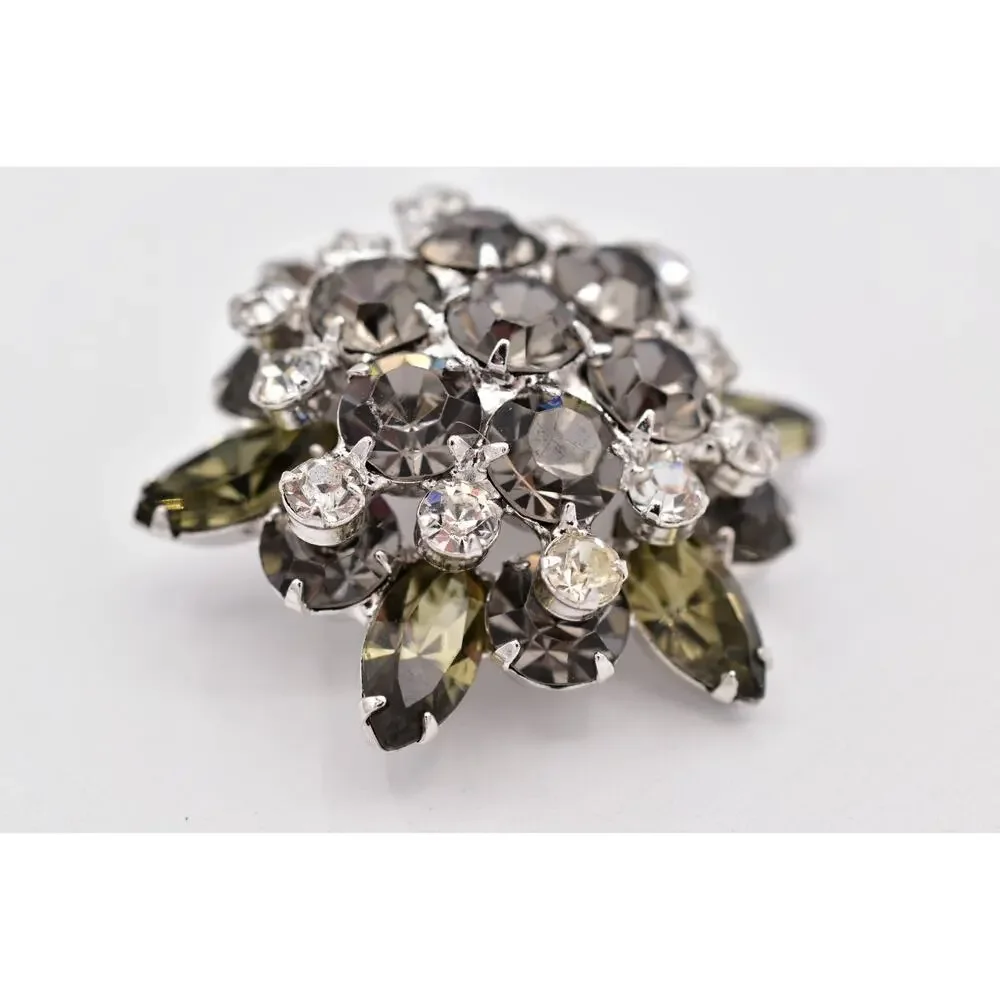 Vintage Smoky Gray Rhinestone Brooch Silver Crystal Cluster Flower Pin 60s BinBI